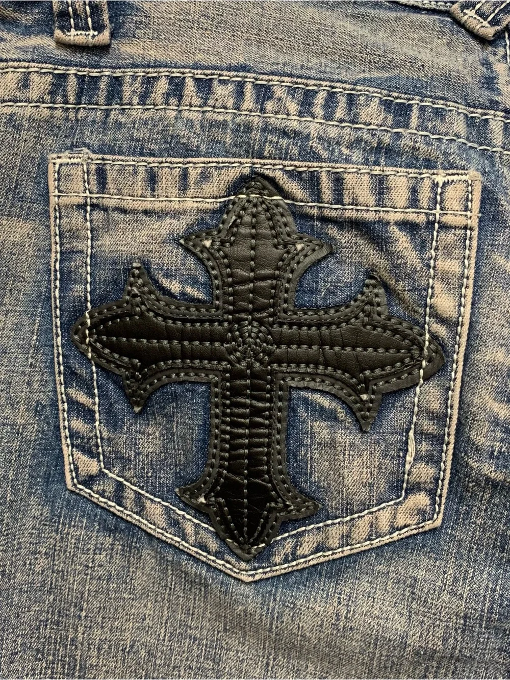 Xtreme Couture Leather Cross Straight Jeans 34 x 27 Y2K Distressed Vtg *Hemmed